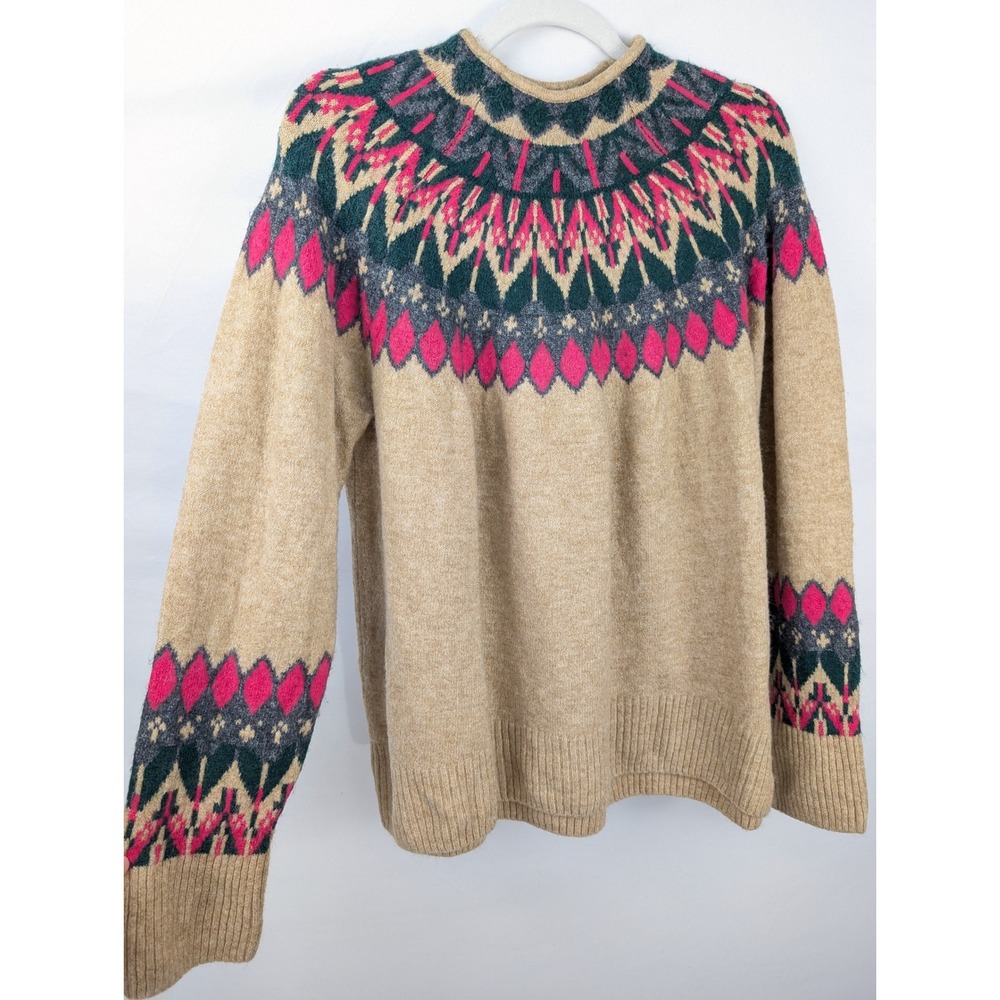 Womens Fair Isle Nordic Crew Neck Sweater Size XL Tan Cottagecore Apre Ski Fall